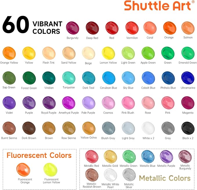 72 Pack Acrylic Paint Set, Shuttle Art 60 Colors Acrylic Paint Including Extra White Black & 12 Brushes, 2oz/60ml, Rich Pigmented, Water Proof, Ideal for Artists, Beginners on Canvas Rock Wood Ceramic