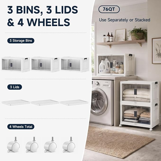 OlarHike 76QT Storage Bins with Lids for Home, Office, Closet, Dorm, 3 Pack | Multi-Lid, Lockable Cabinet, Doors & Wheels, Foldable, Collapsible, Stackable Organizers, Plastic Drawers, Containers, School