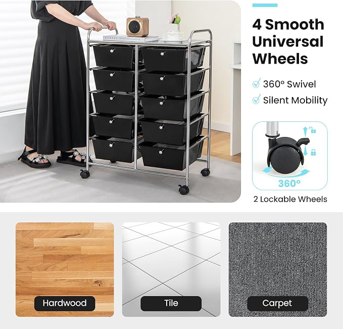 Giantex 10 Drawers Rolling Cart, Classroom Organizers, Storage Cart with Wheels, for Teacher Office Home School Supplies Tool Craft Art Paper, Black