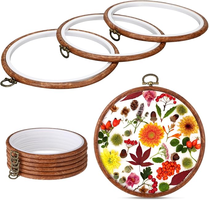 Burbell 15 Pcs Embroidery Hoops Round Wood Frame Cross Stitch,6 Inch | Small Display Frame Ornaments, Imitated Wood with Metal Hooks, DIY Crafts Sewing Hanging Gifts, Christmas Decor Supplies