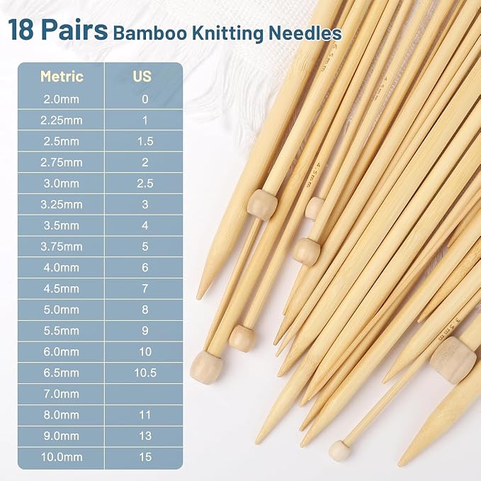 Aeelike 18 Pairs Bamboo Knitting Needles Set, 2mm-8mm Wood Needle, Type G