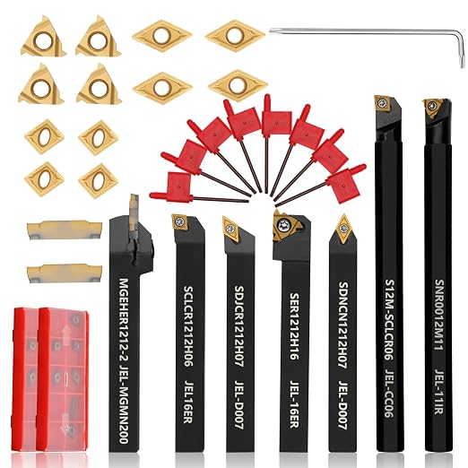 Indexable Lathe Turning Tool 21Pcs Kit 1/2'' 12mm Shank 7 Pcs Metal Lathe Tool Holder Set with 14 Pcs Turning Inserts for Turning Grooving Threading Boring Carbide Inserts Carbide Turning Tool