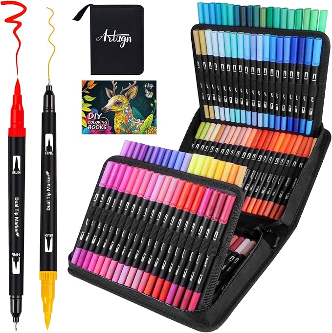 Artugn 120 Colors Dual Markers Brush Pens for Adult Coloring Books with Bag | Art Marker Set with Fine & Brush Tip Pen for Bullet Journaling, Coloring, Drawing, Hand Lettering, Calligraphy, Art Supplies