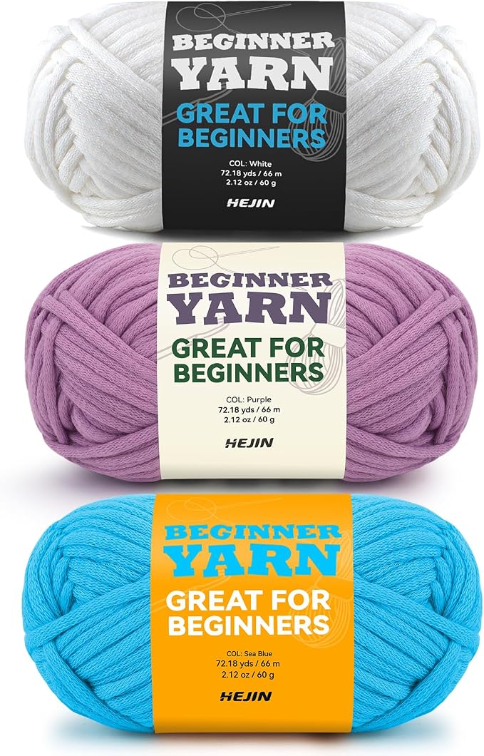 3x60g White+Purple+Blue Yarn for Crocheting and Knitting;3x66m (72yds) Cotton Yarn for Beginners with Easy-to-See Stitches;Worsted-Weight Medium #4;Cotton-Nylon Blend Yarn for Beginners Crochet Kit