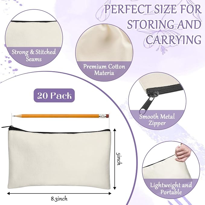 Legigo Blank Canvas Bags Zipper Pouch Makeup Bags Pencil Pouch Bulk | Multi-Purpose, Sturdy Canvas Pouch with Zipper, Cosmetic Travel Toiletry Bag for DIY Crafts, Gifts & Storage, 8.3 x 5 Inch