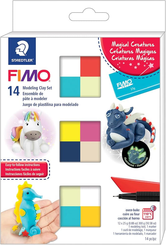 STAEDTLER FIMO Soft Polymer Clay Set: Magical Creatures, 12 Half Blocks, Sculpting Tool and Marker - Oven Bake Modeling Clay, Arts and Crafts for Beginners