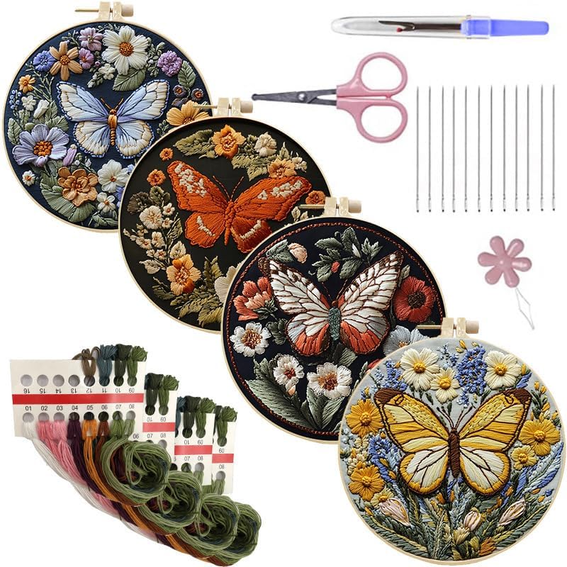 LB 4 Pack Colorful Butterfly Embroidery Kit for Beginners Nature Flower Beginner Embroidery Kit for Adults DIY Starter Kit with Embroidery Hoop Colorful Threads Tools Step by Step Instructions