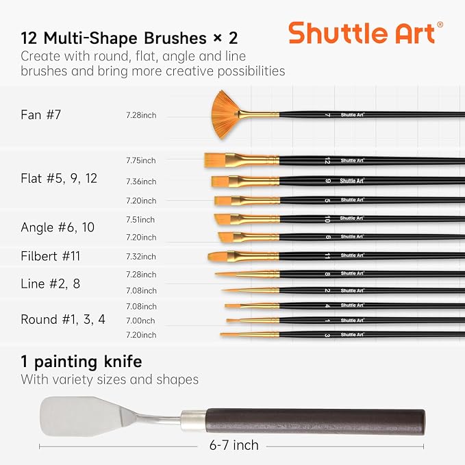 Shuttle Art 100 Colors Acrylic Paint, 2oz/60ml Bottles, Include 2 Sets of 12 Paint Brushes, 1 Art Sponge & Palette, Premium for Artists, Beginners & Kids on Canvas Rocks Wood Ceramic