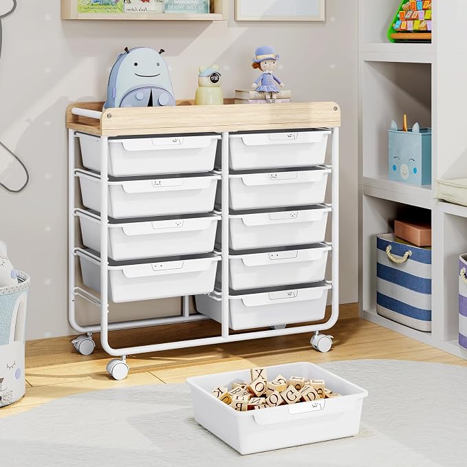 10 Drawers Rolling Cart with Wooden Tabletop, Utility Storage Cart with Wheels, Art Supply Craft Organizer on Wheel with Metal Frame & Handles for Home Office School (Pure White)