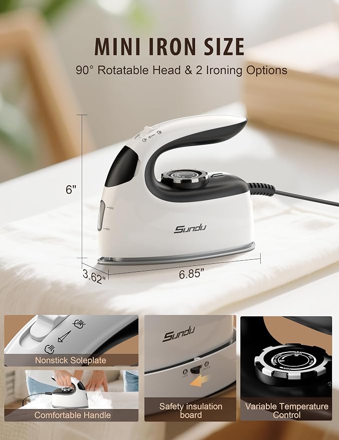 Sundu Mini Steam Iron with Rotary Temp Control for Travel & Sewing