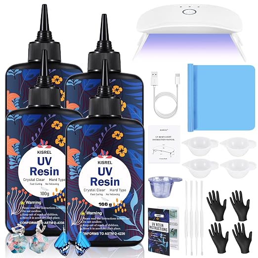 KISREL UV Resin with Light - 400g Hard Type Crystal Clear Ultraviolet Curing UV Resin Kit, 8 Lamp Beads UV Light(Non-Battery), UV Resin with Light for Craft Jewelry Making
