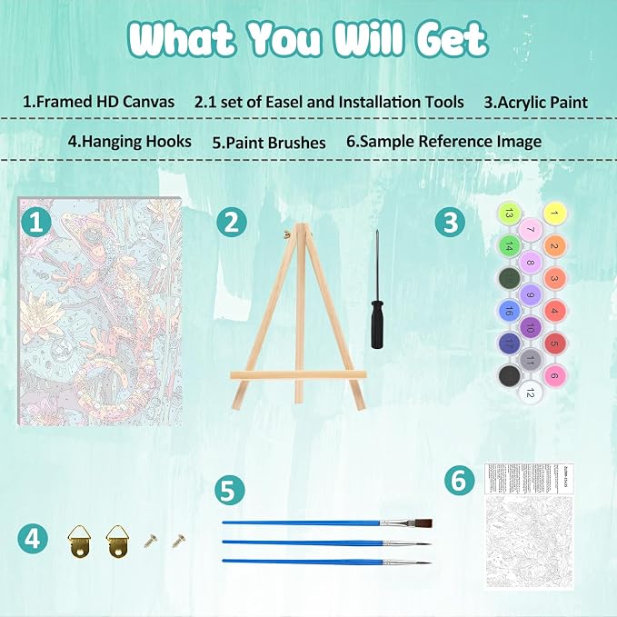 MAXBYE Chameleon Framed Paint by Numbers Kits for Adults with Wooden Easel, Easy DIY Adult Paint by Number Kits on Canvas, Paintings Kit for Beginners Gift Home Wall Garden Decor 10×14 Inch