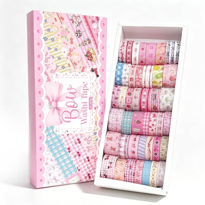 Bomichi Washi Tape Set - 42 Rolls Cute Pink Bow Decorative Scrapbook Tape