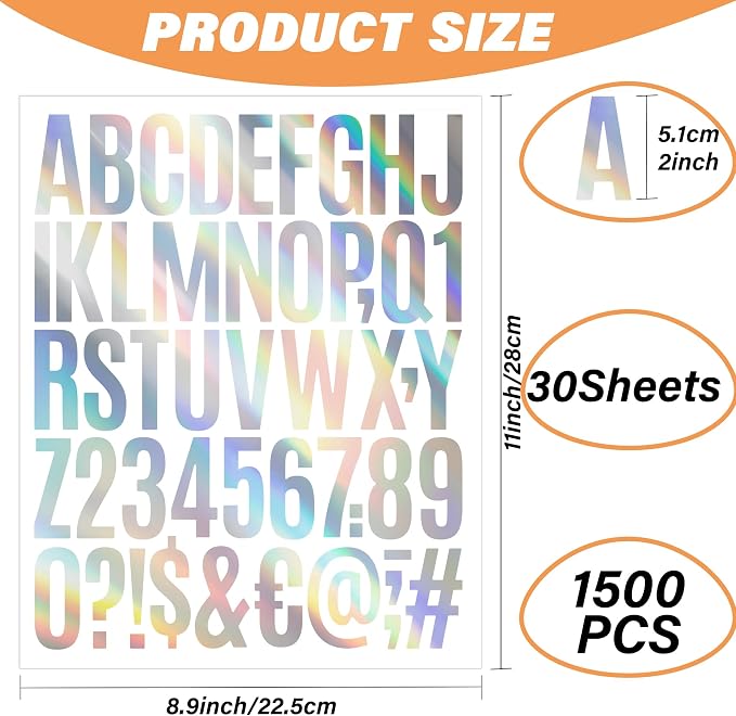 Letter Stickers 30 Sheets 1500 PCS Large Alphabet Sticker 2 Inch Vinyl Self Adhesive Stick on Stickers for Water Bottles Cup Mailbox Number Address Crafts Scrapbooking Bulletin Board Decor (Silver)