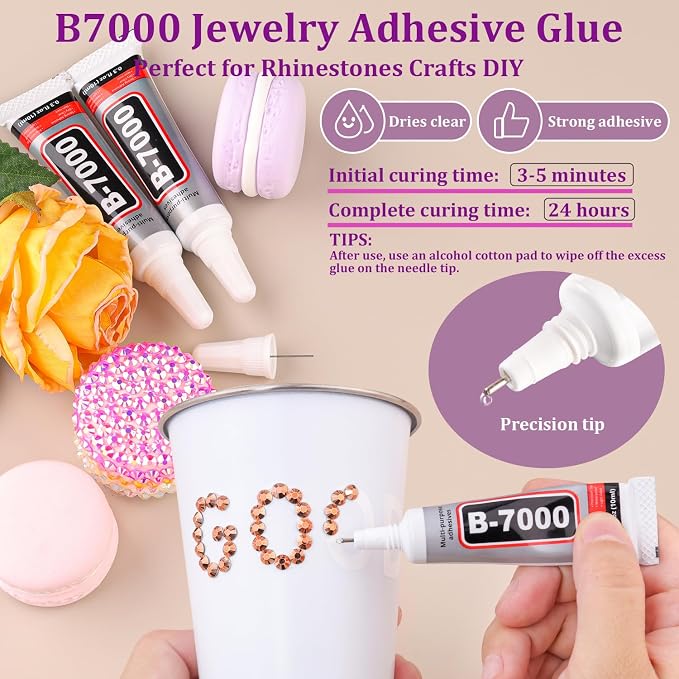 Resin Jelly Rhinestones for Crafting with B7000 Jewelry Glue, 1 Box Champagne Flatback Crystal with 3Pcs 10ml Glue, Bedazzling Non Hotfix Gems for DIY Tumblers Clothing Shoes Manicure