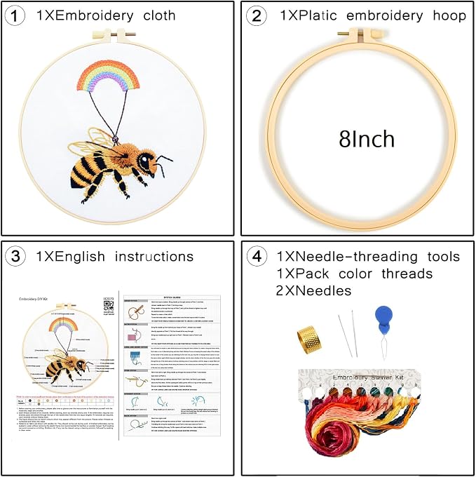 Crafmanoe Cute Bees Embroidery Kits for Beginners Adults, Hand Embroidery Starters Kits, Stamped Cross Stitch Kits DIY Needlepoint Kits for Beginners Adults, Embroidery Hoop, Thread and Video Tutorial