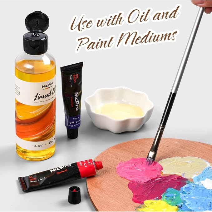 Nicpro Refined Linseed Oil, 120ml (4oz) Linseed Oil Medium for Painting | for Thinning Oils, Artists, Painting Thinner, Professionals to Enhance Flow, Translucency & Gloss