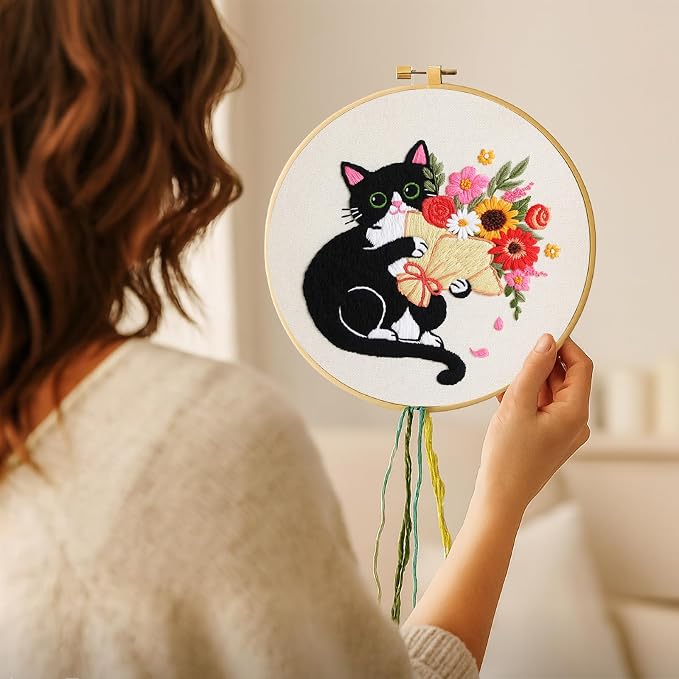 Nuberlic Embroidery Kits for Beginners with Cat and Flower Pattern | Cross Stitch Starter Craft Kits for Adults Including Cloth with Pattern, Hoop, Needles Instruction and Threads