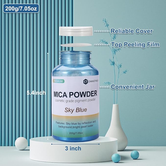 Mica Powder,7.05OZ（200g）,Sky Blue Mica Powder Pigment for Epoxy Resin，Lip Gloss，Paint，Dye，Soap Making，Nail Polish,Candle Making,Bath Bombs(Sky Blue)