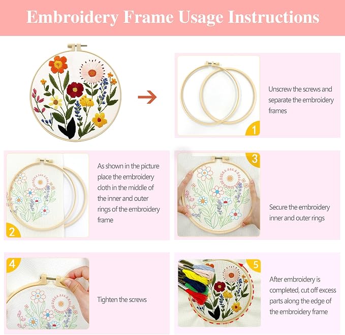 Zhenqing Wildflower Embroidery Kit for Beginners, Floral Needlework Kit with Pre-Printed Cotton Fabric, Hoop, Threads & Tools, Flower Wall Decor (C0125)