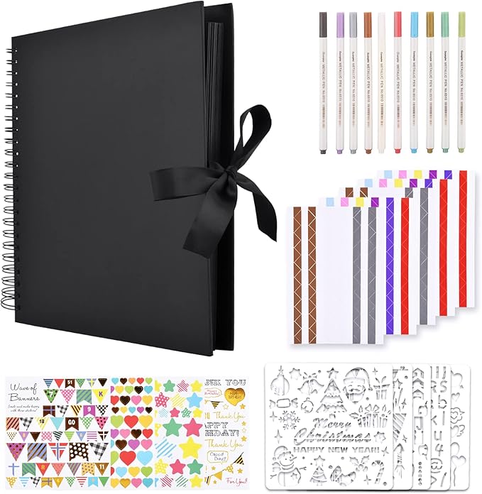GOTIDEAL 12 x 12 Inch Scrapbook Album with 10 Metallic Markers, Black | 80 Pages Craft Paper Photo Album for Wedding and Anniversary, Family DIY Photo Album with Scrapbooking Stickers Corners