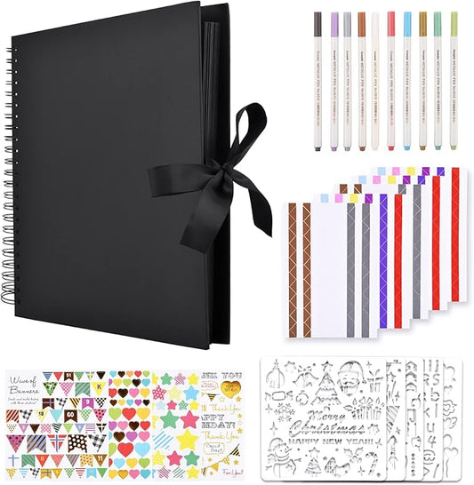 GOTIDEAL 12 x 12 Inch Scrapbook Album with 10 Metallic Markers, Black | 80 Pages Craft Paper Photo Album for Wedding and Anniversary, Family DIY Photo Album with Scrapbooking Stickers Corners