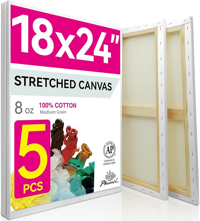 PHOENIX Large Stretched Canvas for Painting 18x24 Inch/5 Value Pack, 8 Oz Triple Primed 5/8 Inch Profile 100% Cotton White Blank Canvas, Framed Canvas for Oil Acrylic & Pouring Art