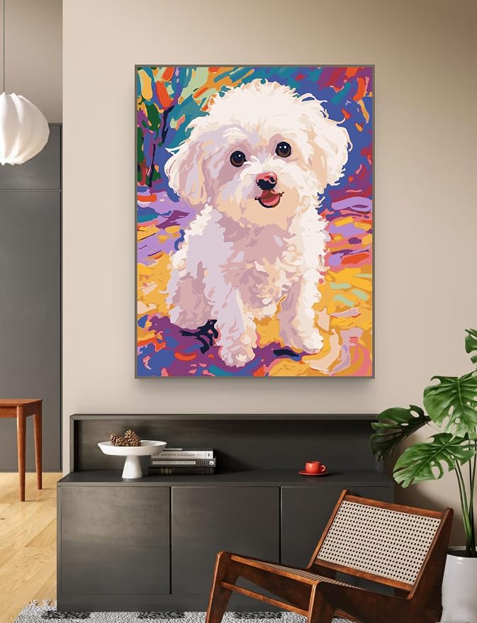 Dog Paint by Numbers Kit for Adults Beginner,Animal,16x20 | Full set with wooden brushes,rolled canvas,rich paints.Calming activity.Beginner friendly.Just open and paint.