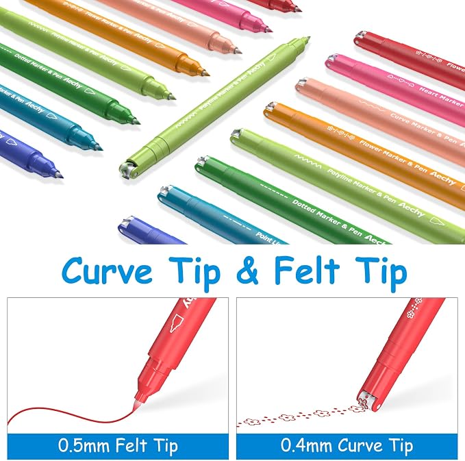 AECHY Dual Tip Curve Highlighter Pens,6 Pattern Roller & 8 Bullet Tip Pens
