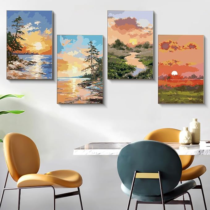 4 Pack Framed Paint by Numbers Kit for Adults with Wooden Easel 8x12 Inch | Sunrise and Sunset Landscape, For Adults Beginner, DIY Acrylic Painting, Stress Relief Craft Kits, Home Wall Decor Gift