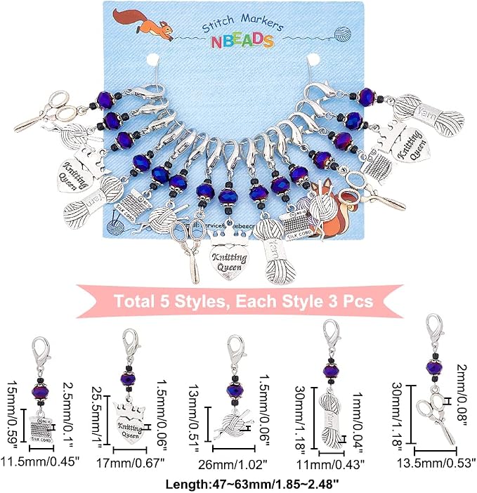 NBEADS 15 Pcs Knitting Stitch Markers, 5 Styles Antique Silver Alloy Crochet Stitch Marker Charms Removable Lobster Clasp Locking Stitch Marker for Knitting Weaving Sewing Accessories