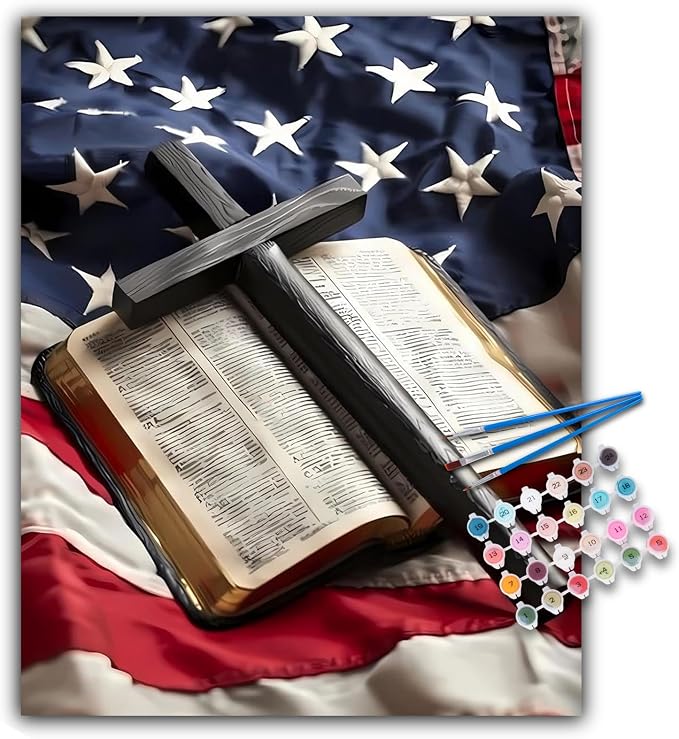 Paint by Numbers Kit for Adults, Flag Cross DIY Acrylic Canvas Painting Set | 16x20 Inch, Religious Christian Bible Number Painting Craft Kit, Home Wall Decor, Stress Relief Relaxing Hobby Gift