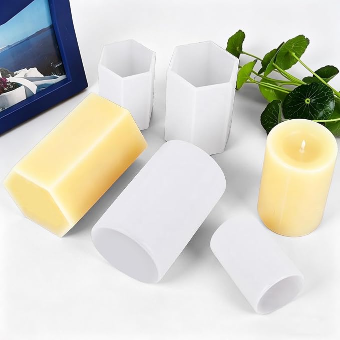 6PCS Reusable Silicone Candle Molds Set - Cylinder & Hexagon Resin Mold for DIY Candle Making, Soap, Resin Crafts, Easy Release Candle Making Kit