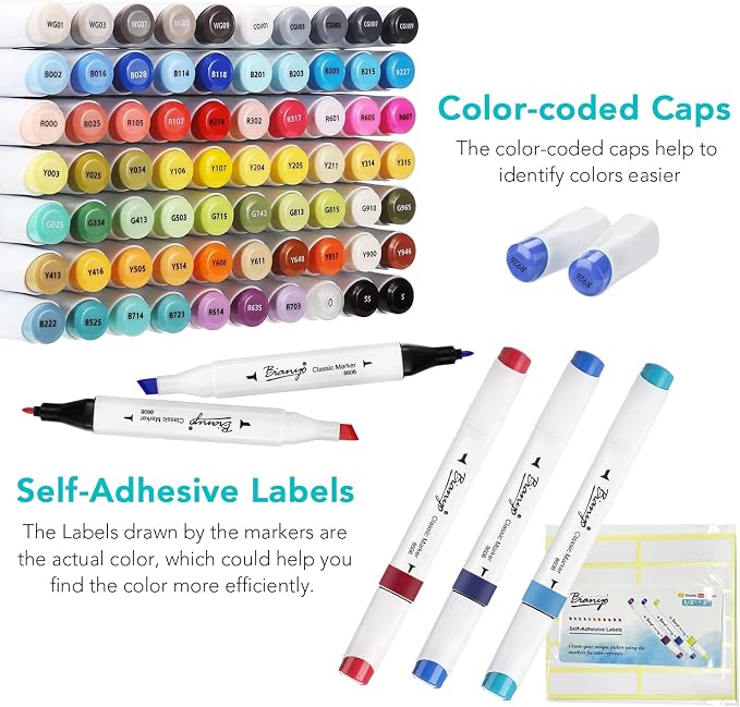 Bianyo 72 Colors Alcohol Markers Set, Dual Tip Fine & Chisel Art Markers with Black Carry Case, Ideal For Coloring Books, Blending, Drawing & Sketching, A Perfect Holiday Gift for Artists
