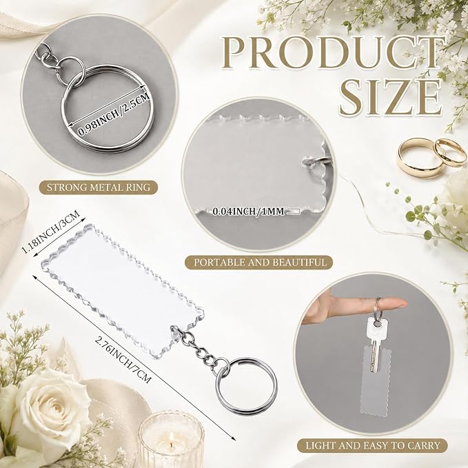 50 Sets Scalloped Clear Acrylic Keychain Blanks with Key Rings and Chains, Transparent Blank Keychain for DIY Vinyl Ornament, Name Tags, Drawing, Engraving, Decorate with Stickers