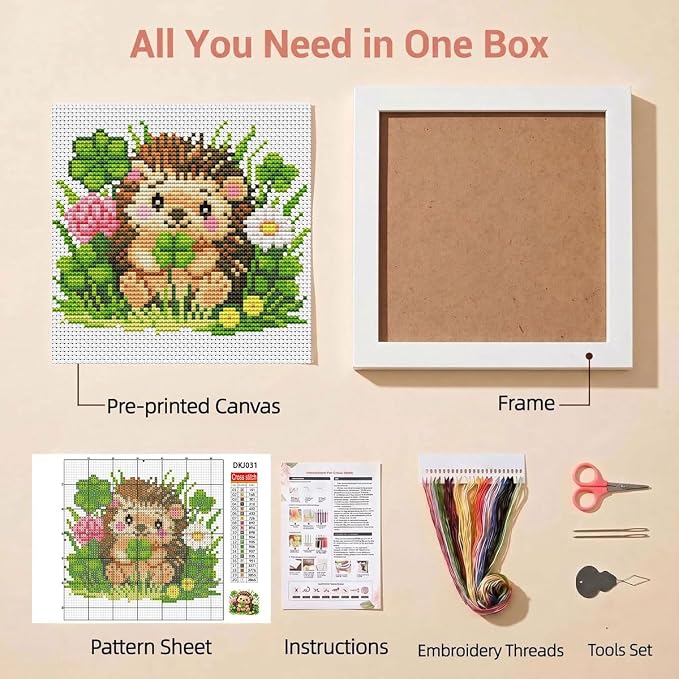 Hedgehog Clover Stamped Cross Stitch Kits for Beginners Adults with Framed | Flowers and Grasses Needlepoint Counted Cross Stitch Kits for Beginners Adults Embroidery Kits Arts and Crafts 6 x 6 inch