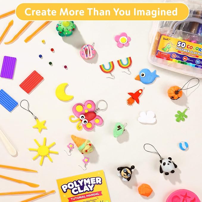Polymer Clay Kit 50 Colors, Oven Bake Clay for Kids & Artists | DIY clay kit with sculpting tools & accessories; easy-shape, non-sticky, colorful clay for classroom, home crafts & gifts.