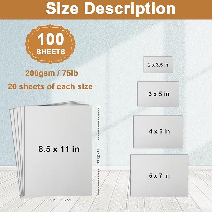 Silunkia 100 Sheets Grey Cardstock 5 Assorted Size Craft Paper 75lb