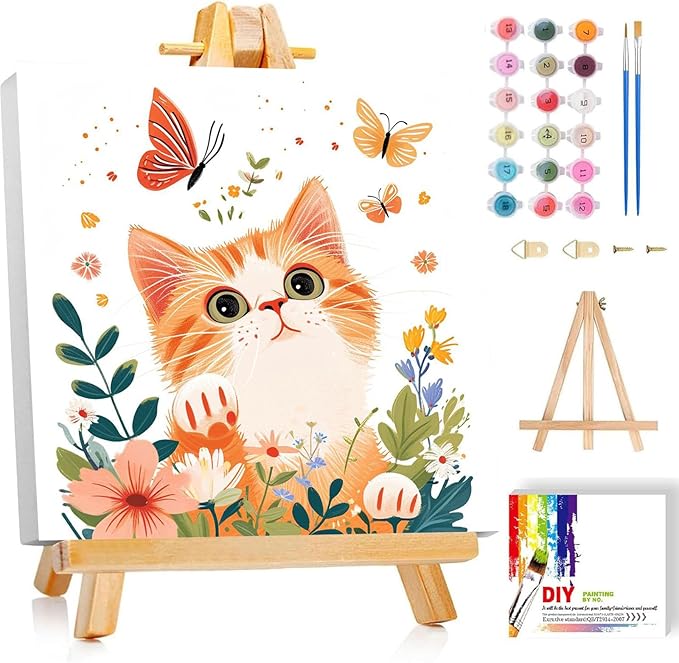 cviokrdu Cat Paint by Numbers Kit for Kids with Frame - Wooden Easel, Animals Paint by Numbers for Kids Ages 4 8 12, Easy Acrylic Oil Painting Kits for Home Wall Decoration 8x8 inch