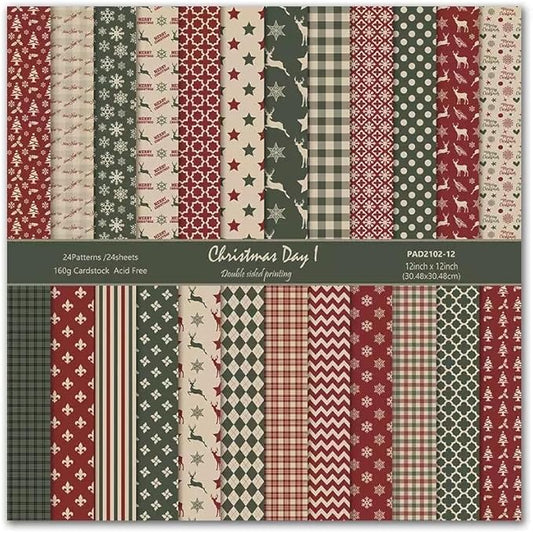 Christmas Scrapbook Paper Vintage Grid Patterned Paper Pad 12×12,24 Sheets Double-Sided Bobo Floral Scrapbooking CardStock Papers Pad for Holiday Cardmaking DIY Origami Papers.