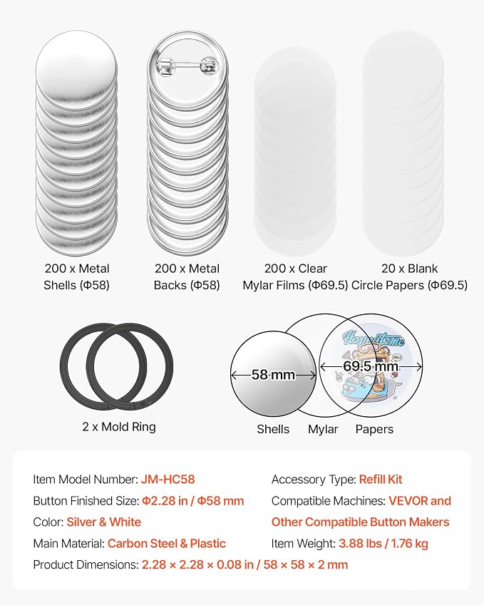 VEVOR Button Maker Supplies 200 Sets 2.25 in / 58 mm Pin Back Button Parts, with Metal Backs, Metal Shells, Clear Mylar Films, and Blank Circle Papers, for Home DIY, School Events, and Custom Studio