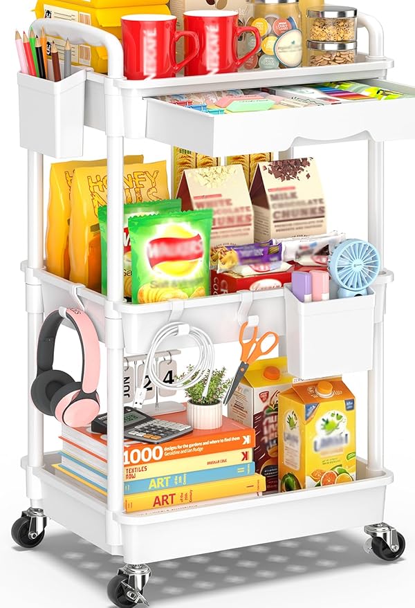 SUNALLY 3 Tier Rolling Cart with Drawer, Craft Storage Cart Organizer,White