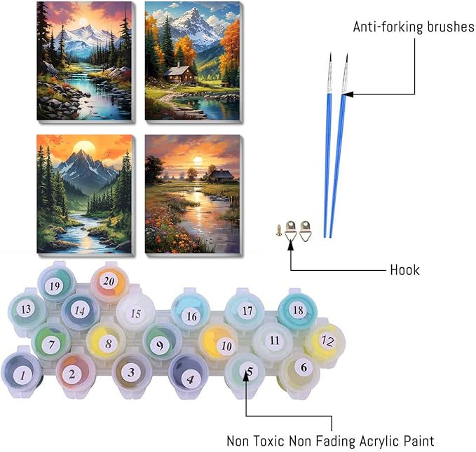4 pack Mountain Paint by Numbers Kit for Adults Beginner With Framed,Countryside Easy Adult Paint by Number Kits on Canvas DIY Painting for Beginners Art by Numbers for Home Wall Decor 10x12 Inch