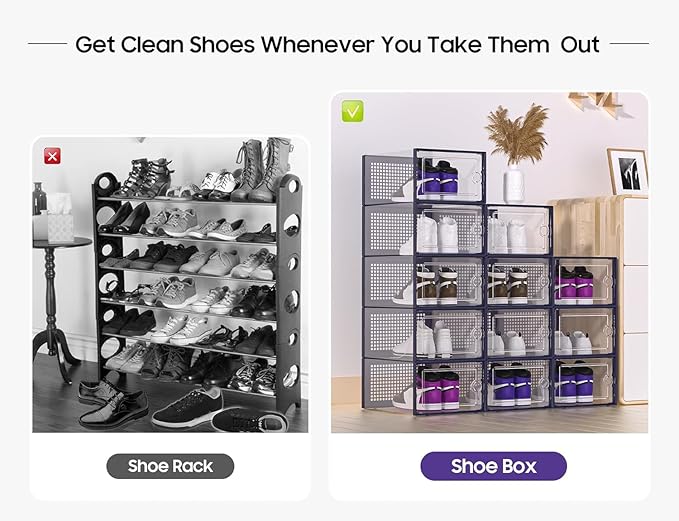 Kuject X-Large Shoe Storage Boxes 12 Pack, Clear Stackable Shoe Organizer