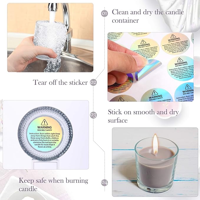 Zonon 600 Pieces Candle Warning Labels Candle Jar Container Stickers | For Jars Tins Containers, Round Stickers with Rainbow Iridescent, Safety Instruction Text, Handmade Candle Making Supplies