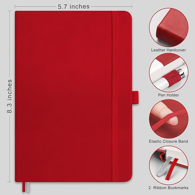 RETTACY Blank Journal Notebook, 192 Pages, A5 Medium Size (5.7'' x 8.3'') | Leather Hardcover, 100 GSM Thick Paper, for Sketching, Drawing, Painting (Red)