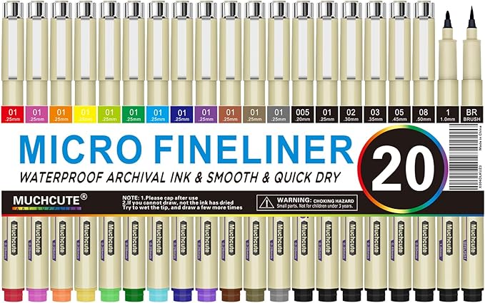 Muchcute Micro Fineliner Drawing Art Pens: 20 Set (12 Colors 01 & 8 Black) | Waterproof Archival Ink 0.25mm Colored No Bleed Bible,Extra Fine Line Artist Supplies Sketch Anime Manga Watercolor Zentangle