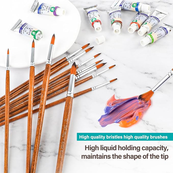 Thinp Watercolor Painting Brush Set 12Pcs Round Pointed Tip Artist Paint Brushes Professional Detail Paint Brushes for Watercolor Acrylics Oil