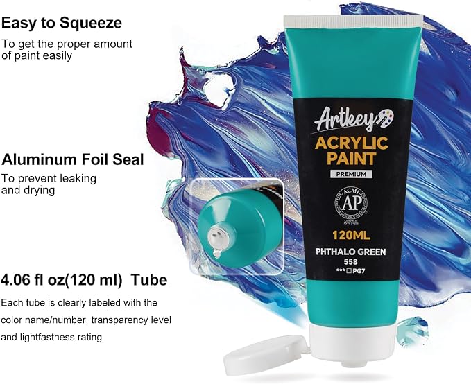 Artkey Acrylic Paint - Phthalo Green (120 ml/4.06 oz) Tubes, Rich & Vibrant Pigments, Professional Artists Acrylic Paints - Art Supplies for Canvas Wood Rock Clay Fabric Ceramics Art Crafts Painting