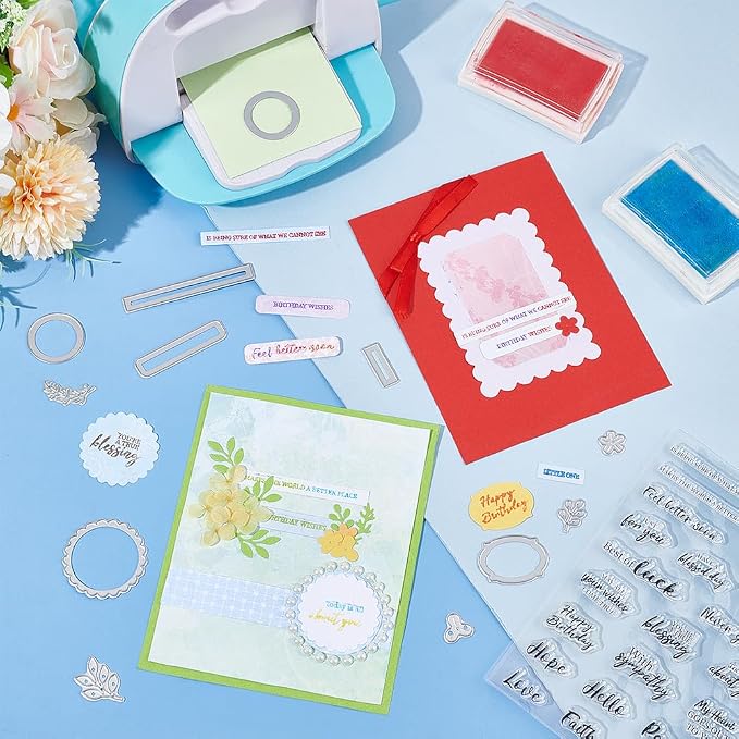 Sentiments Clear Stamps and Metal Cutting Dies for Card Making Greeting Words Silicone Stamp and Die Cuts Set Blessing Words Transparent Stamps for DIY Scrapbooking Paper Craft Supplies